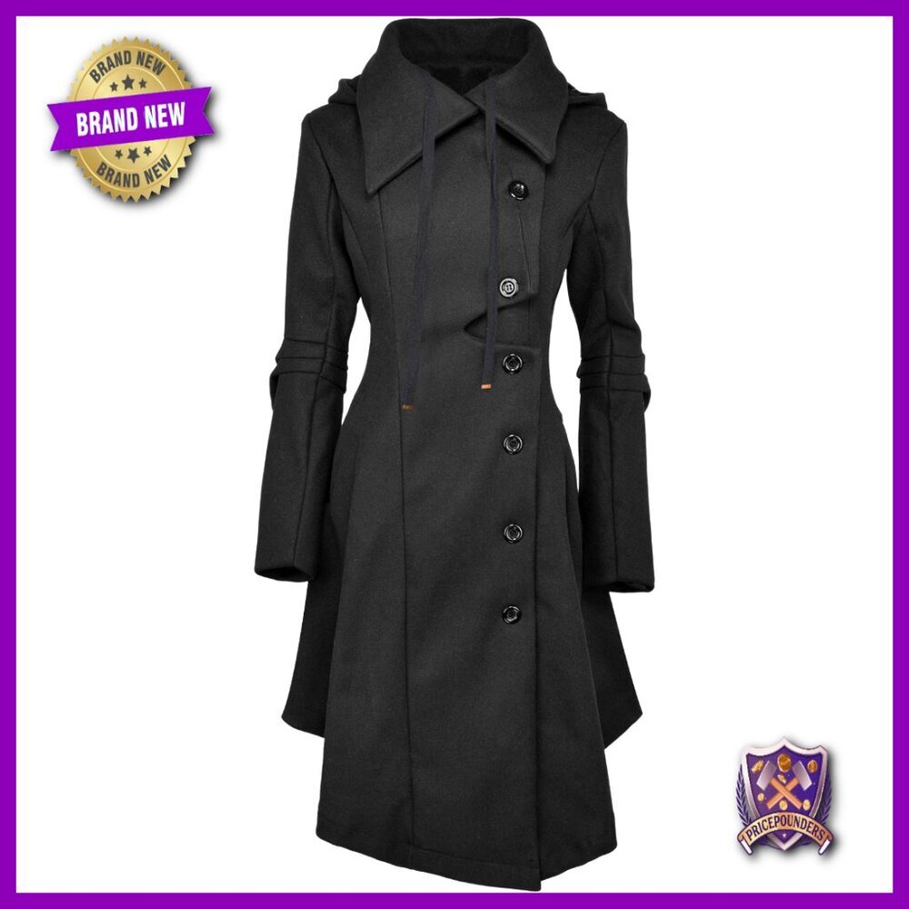 Wool Blend Trench Coat Long Pea Coat Goth Victorian Style Hooded Elegant